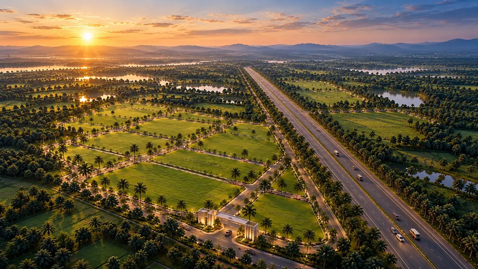 Aerial view at sunset over the plotted layout, lit avenues and entrance of Nandini Greens, Garhmukteshwar