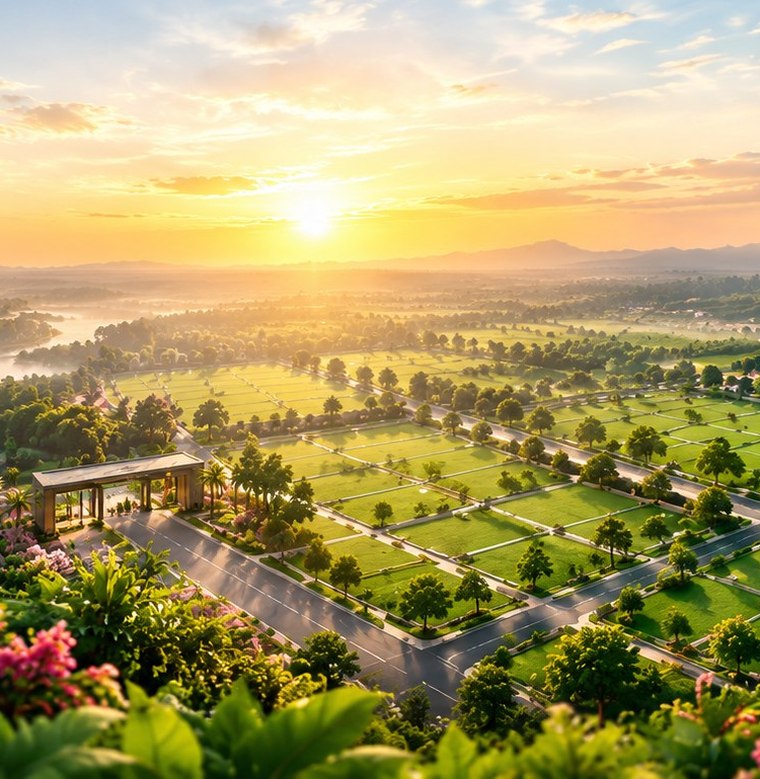 Aerial view at sunrise over the planned plots, roads and entrance of Nandini Greens