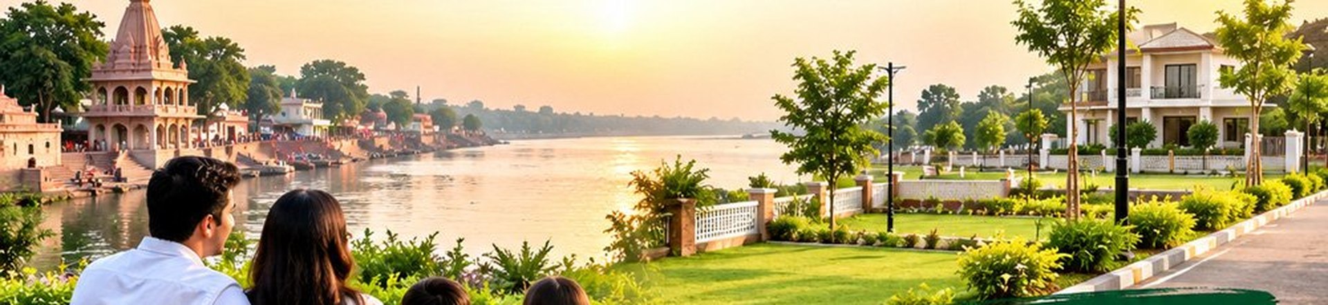 Sunrise panorama over the Ganga and the township